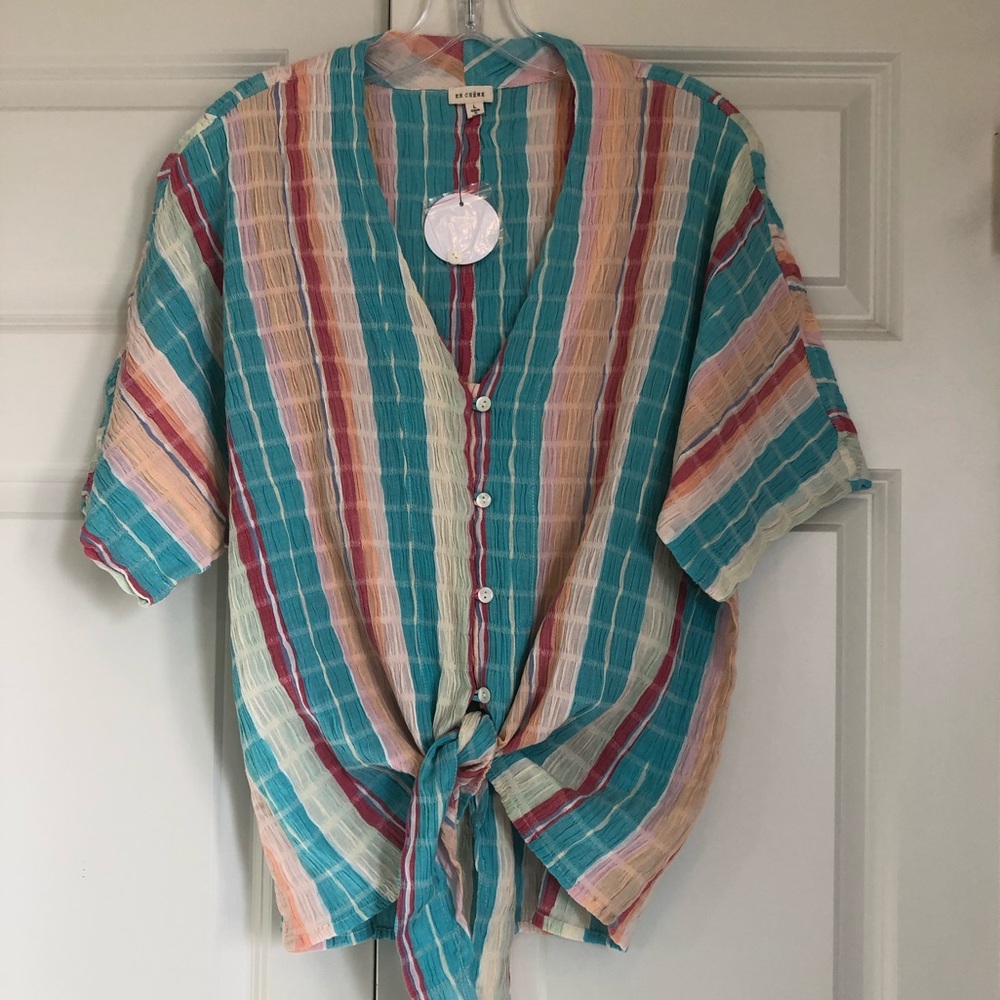 NWT En Creme Striped Gauze Button Down Tie Front Top, Size Large - Picture 3 of 13